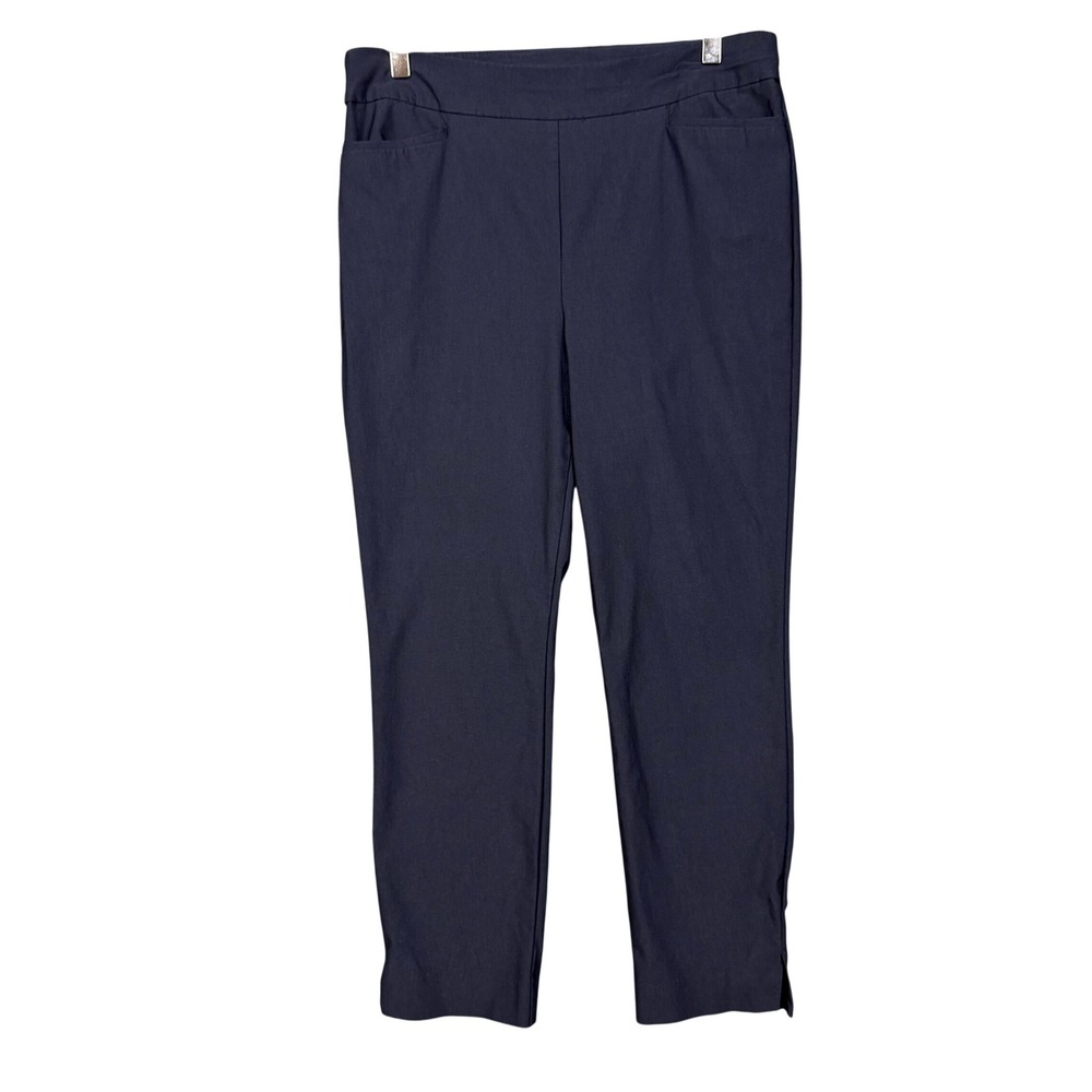 Chicos Pull On Ankle Pants 1R Womens 8 Navy Blue‎ Slim Leg Stretch Work Slimming